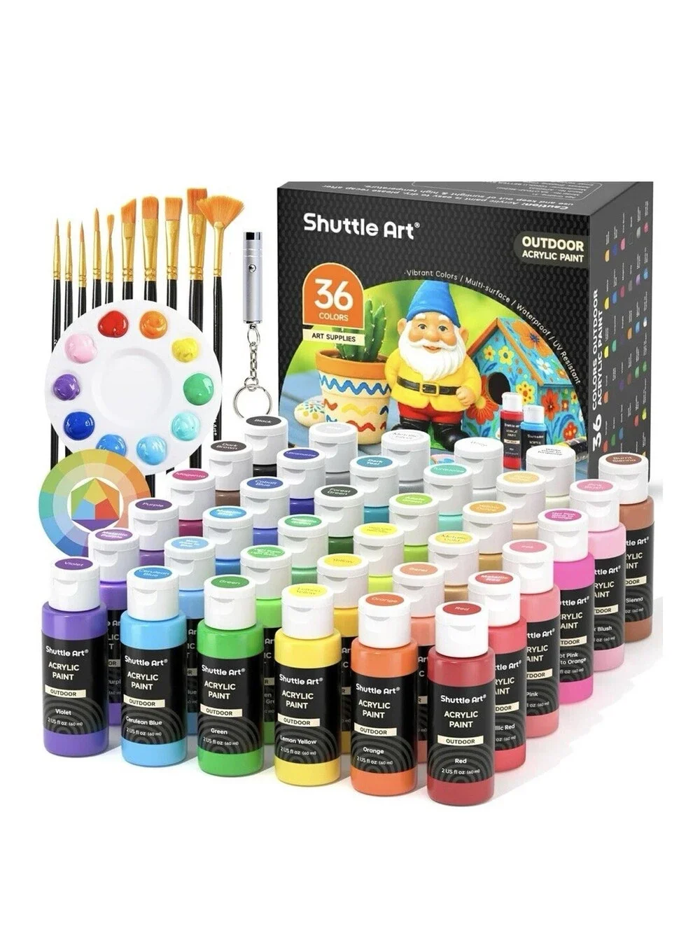 Acrylic Paint Set 36 Colors with Brushes & Palette 2oz Bottles Non-Toxic NWB